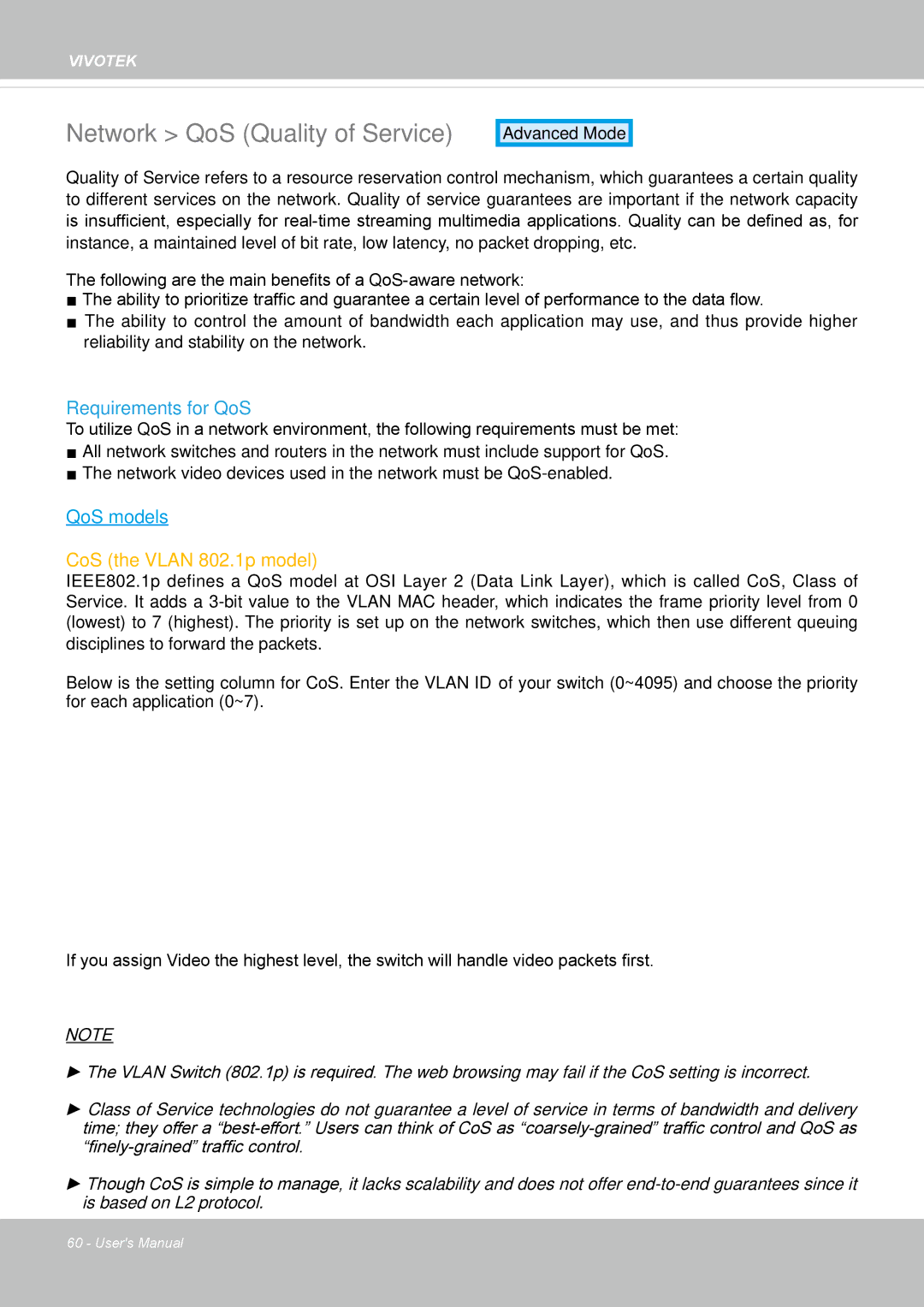 Vivotek IP8362 manual Network QoS Quality of Service, Requirements for QoS 