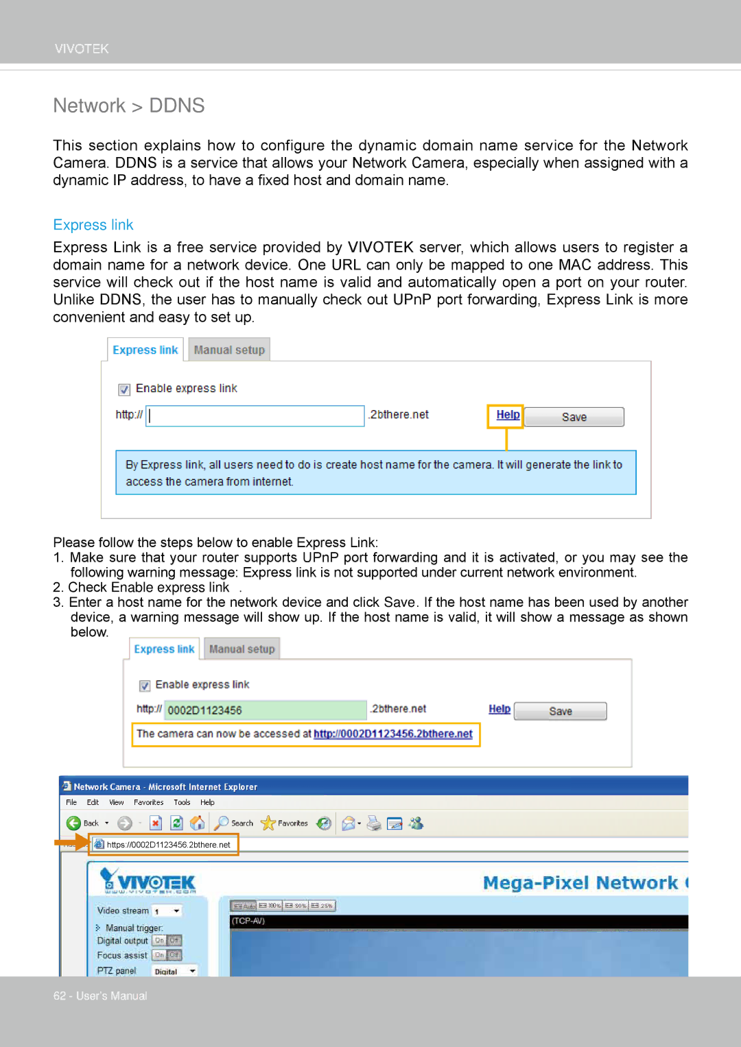 Vivotek IP8362 manual Network Ddns, Express link 