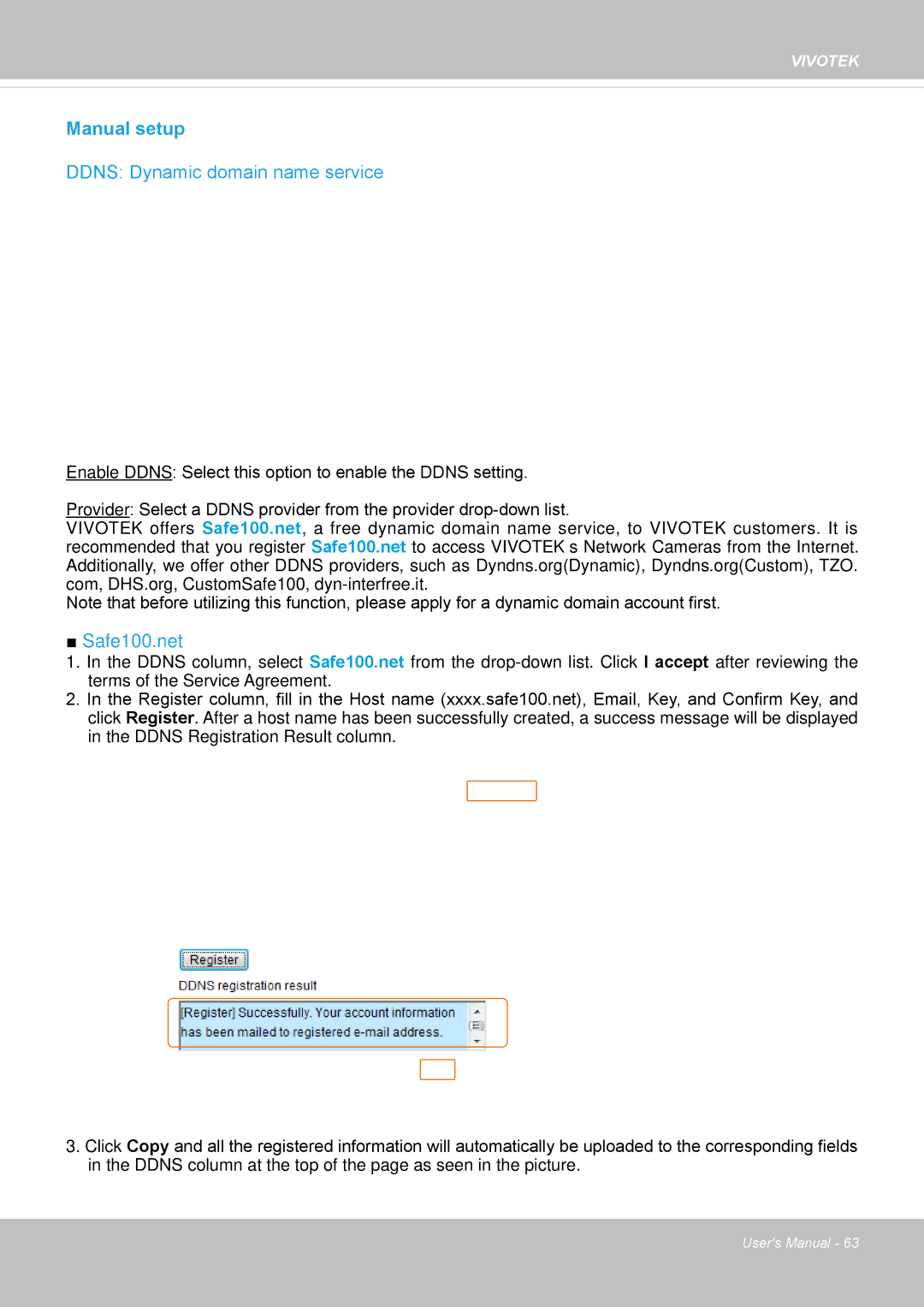 Vivotek IP8362 manual Manual setup, Ddns Dynamic domain name service 