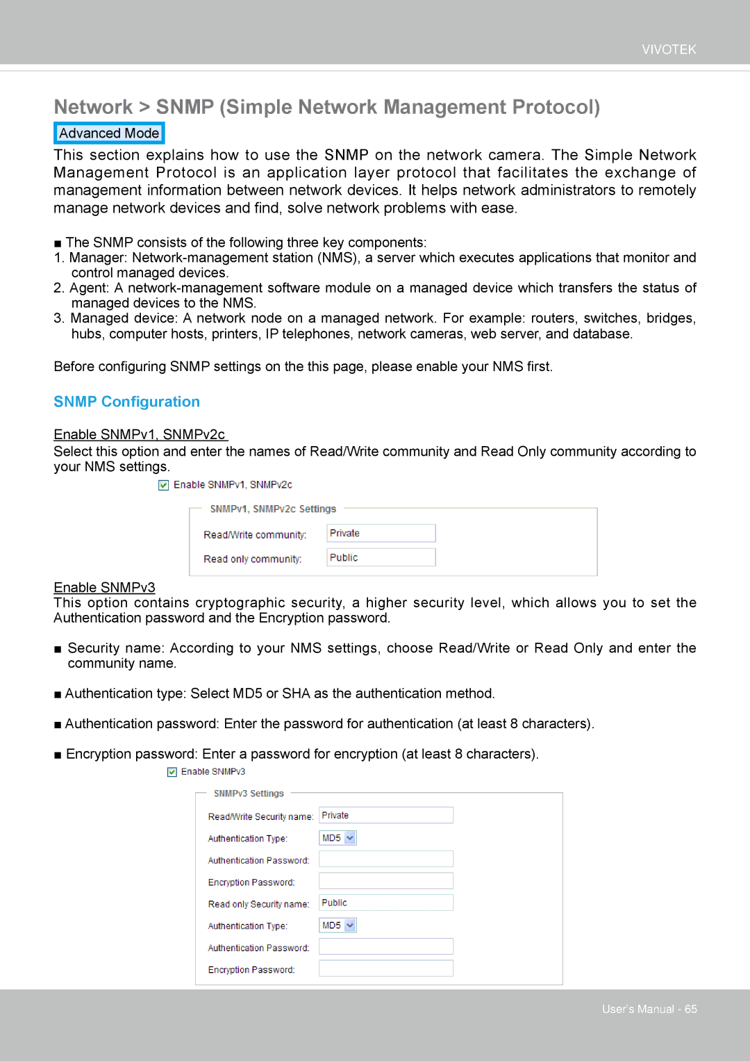 Vivotek IP8362 manual Network Snmp Simple Network Management Protocol, Snmp Configuration 