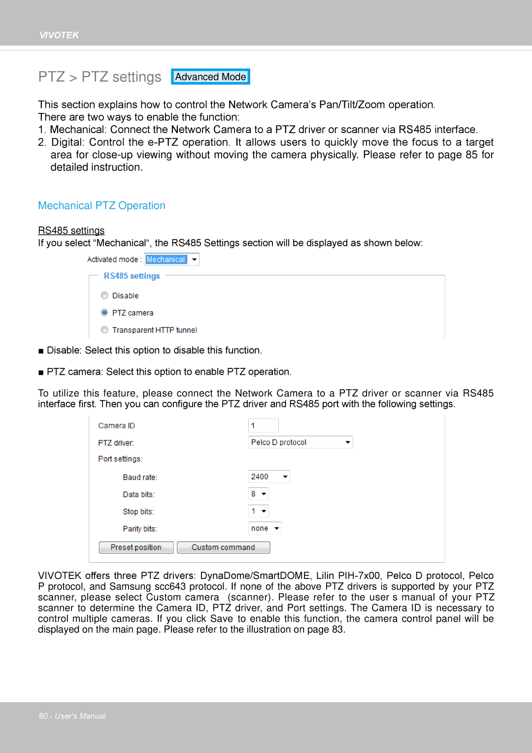 Vivotek IP8362 manual PTZ PTZ settings, Mechanical PTZ Operation 