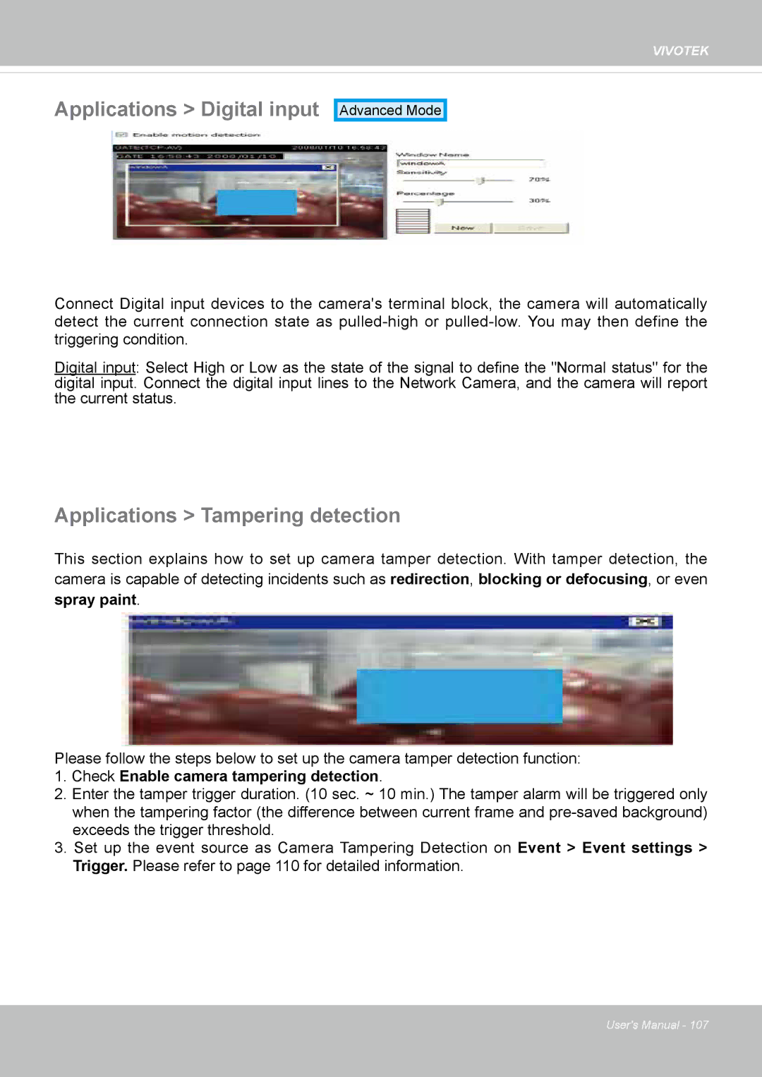 Vivotek IP8364-C user manual Applications Digital input, Applications Tampering detection 