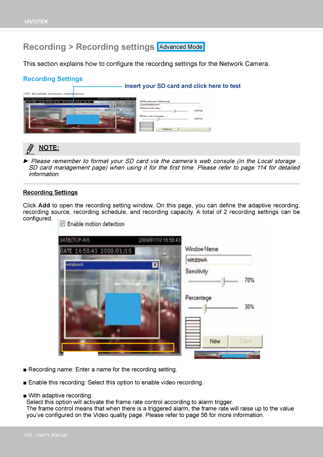 Vivotek IP8364-C user manual Recording Recording settings, Recording Settings 