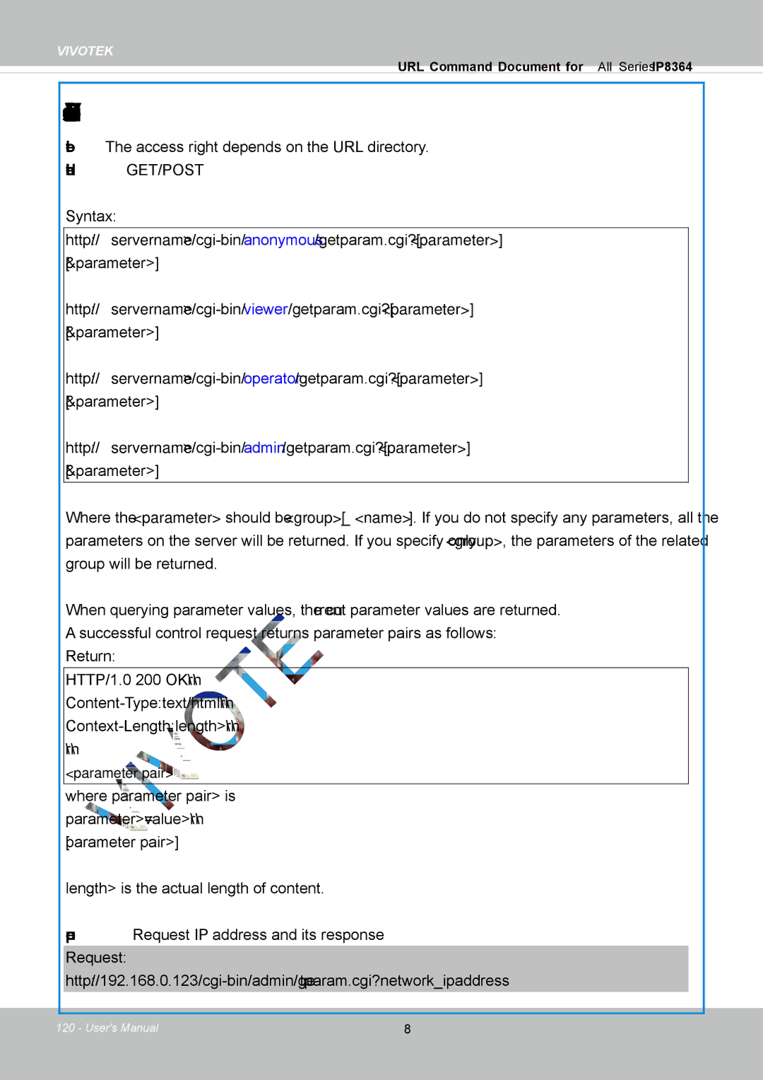 Vivotek IP8364-C user manual Get Server Parameter Values, Method GET/POST 