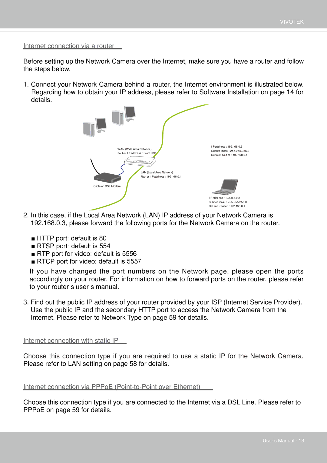 Vivotek IP8364-C user manual Internet connection via a router 