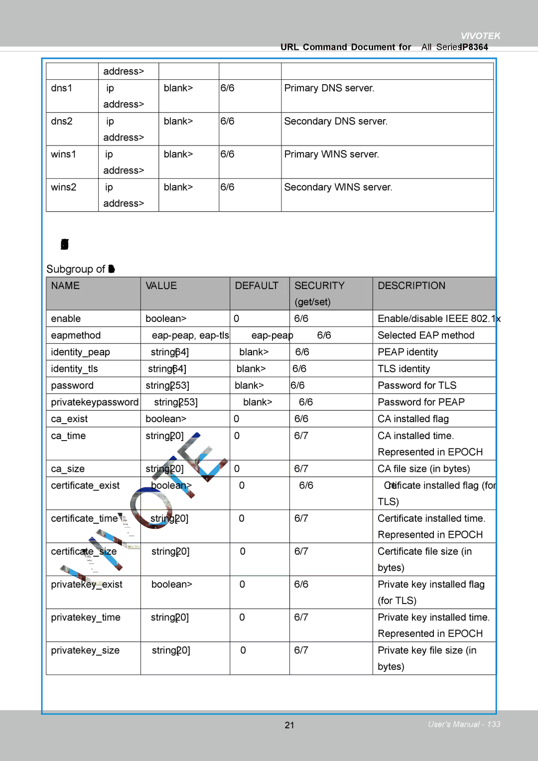 Vivotek IP8364-C user manual Subgroup of network ieee8021x, Tls 