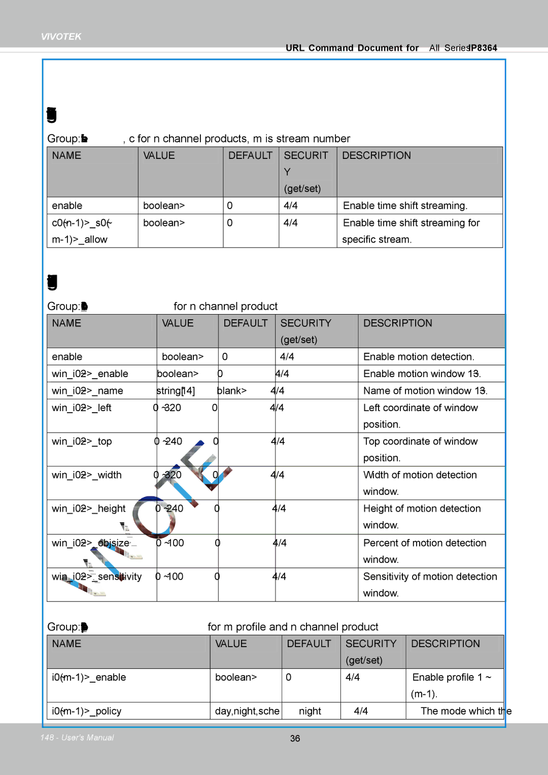 Vivotek IP8364-C user manual Time Shift settings, Motion detection settings, Group motionc0~n-1for n channel product 