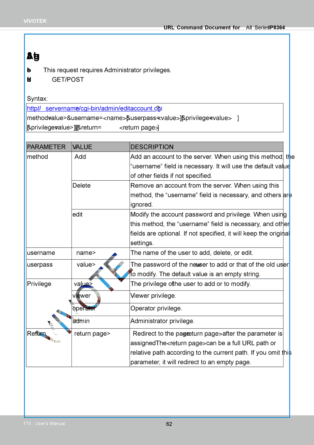 Vivotek IP8364-C user manual Account Management, Syntax 