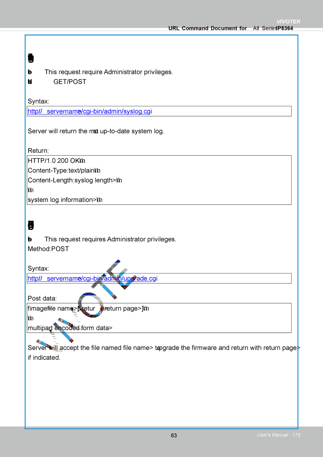 Vivotek IP8364-C user manual System Logs, Upgrade Firmware, Method Post Syntax 