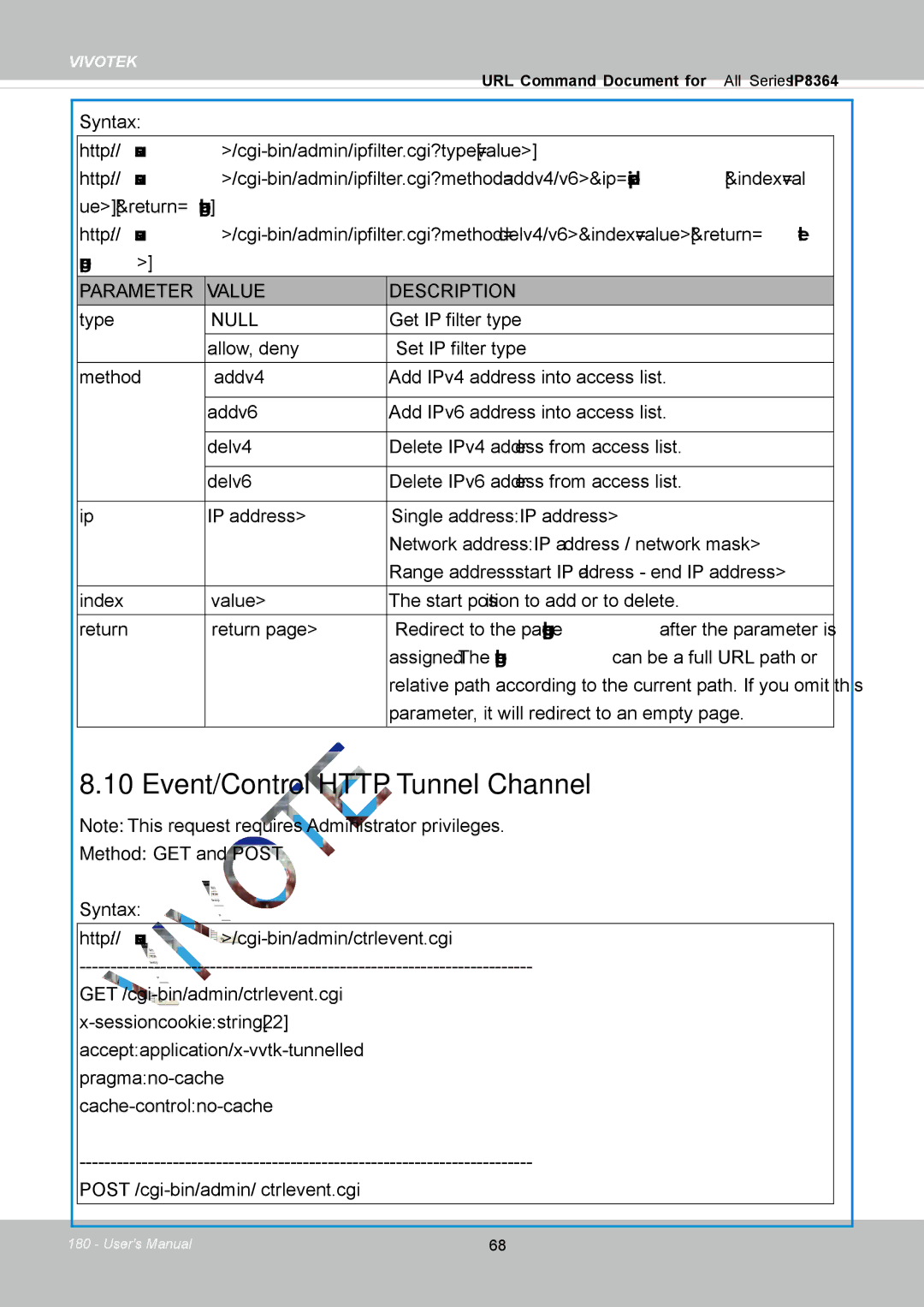 Vivotek IP8364-C user manual Event/Control Http Tunnel Channel, Type 