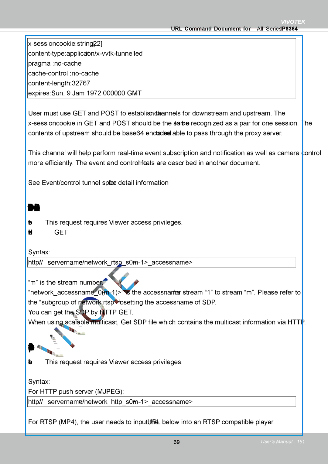 Vivotek IP8364-C user manual Get SDP of Streams, Open the Network Stream, Method GET 