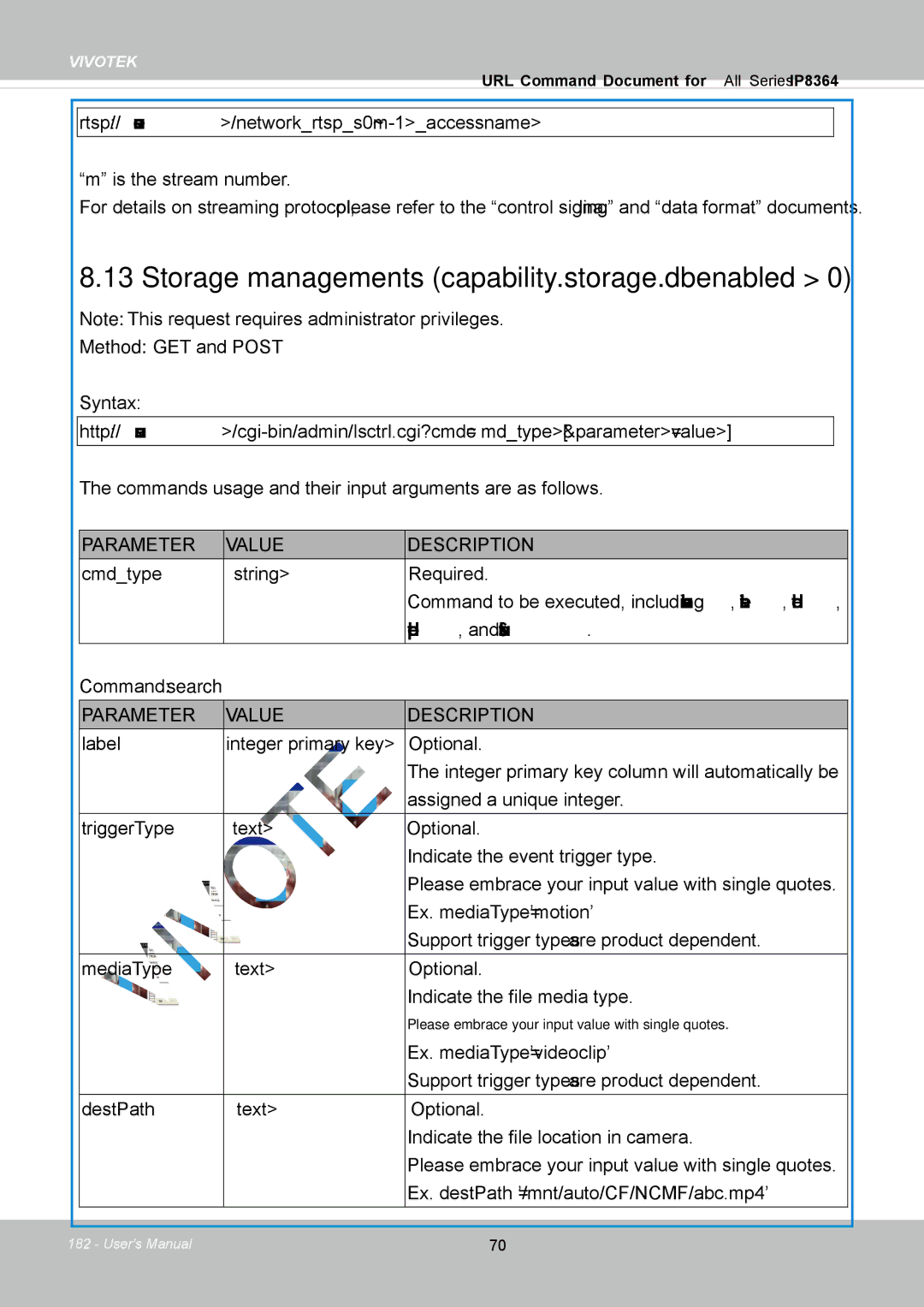 Vivotek IP8364-C user manual Storage managements capability.storage.dbenabled, Command search 