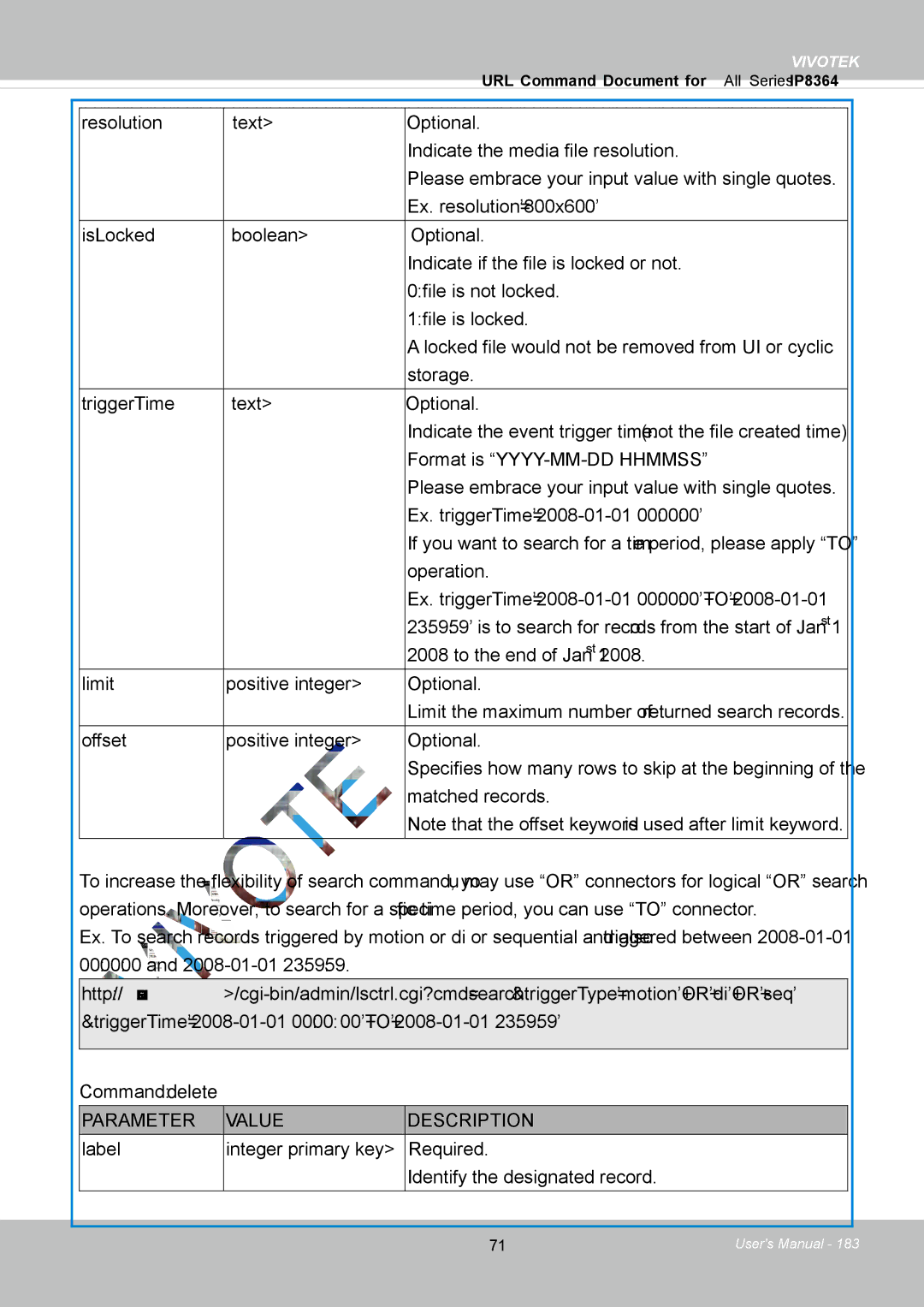 Vivotek IP8364-C user manual Parameter Value Description 