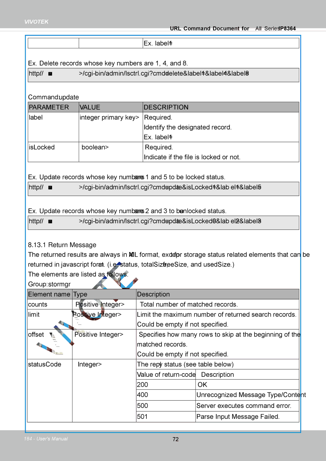 Vivotek IP8364-C user manual Return Message 