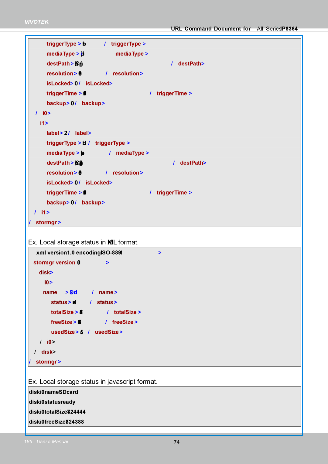 Vivotek IP8364-C user manual Ex. Local storage status in XML format, Ex. Local storage status in javascript format 