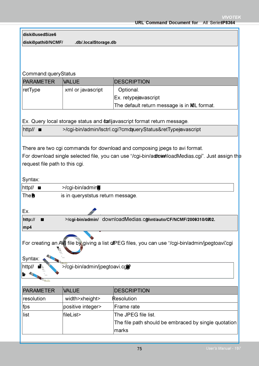 Vivotek IP8364-C user manual Command queryStatus, FilePath is in queryststus return message 