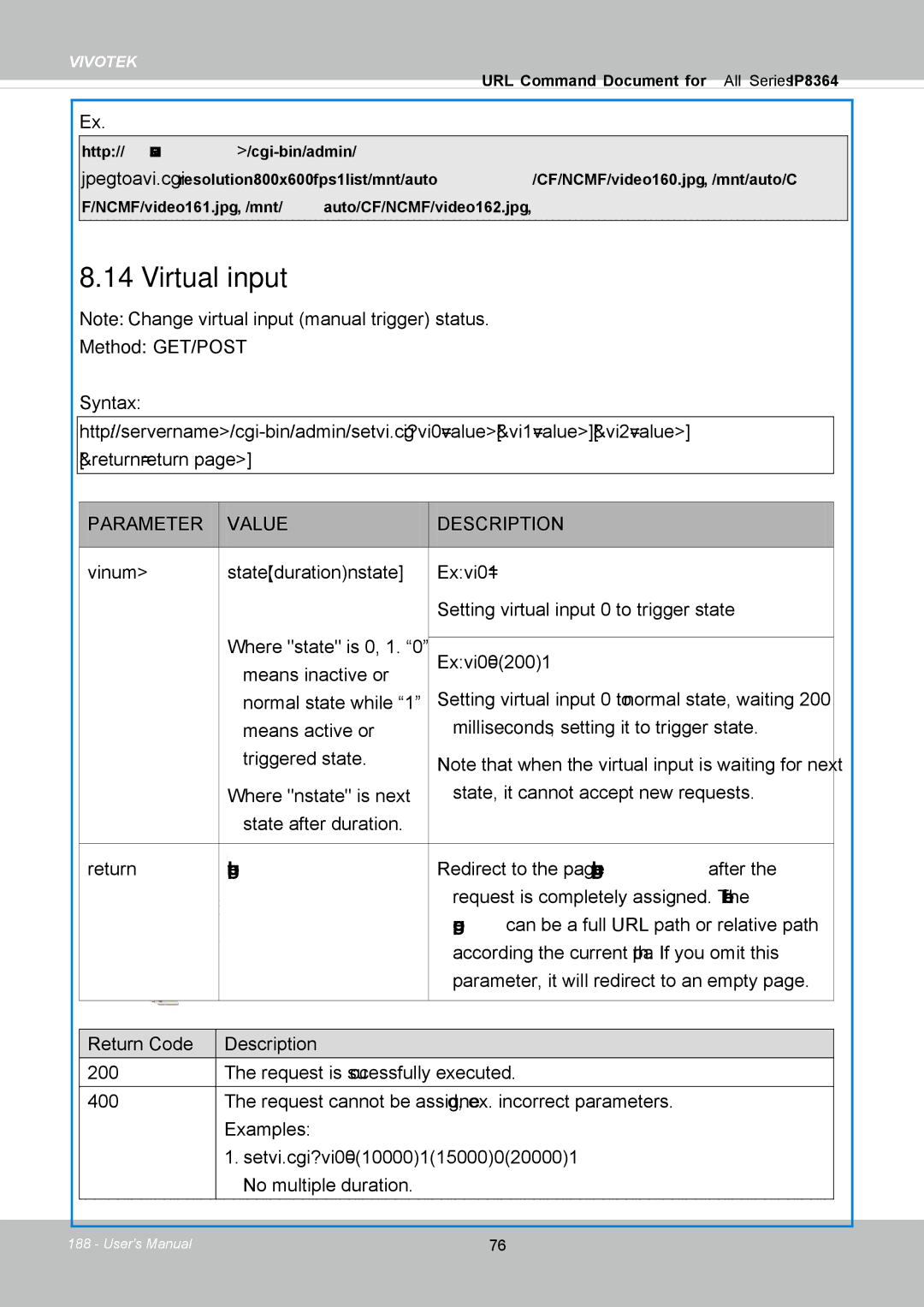 Vivotek IP8364-C user manual Virtual input, Return 