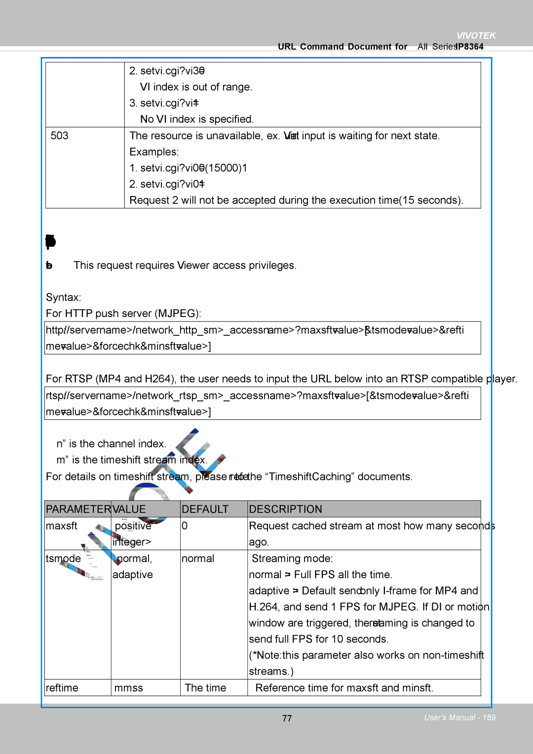 Vivotek IP8364-C user manual Open Timeshift Stream, 503 