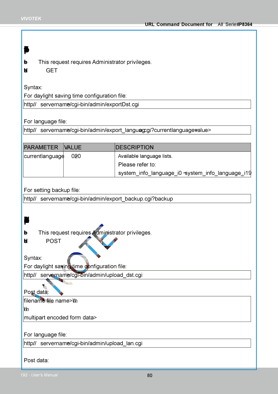 Vivotek IP8364-C user manual Export Files, Upload Files, Currentlanguage ~20, Method Post 