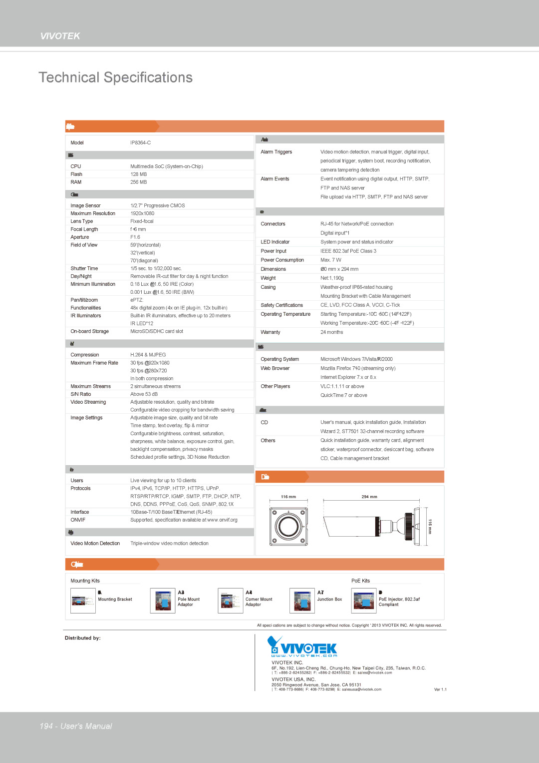 Vivotek IP8364-C user manual Technical Specifications 