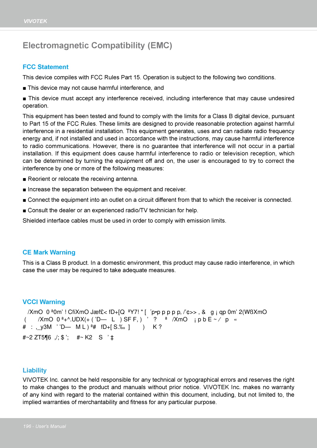 Vivotek IP8364-C user manual Electromagnetic Compatibility EMC, Liability 