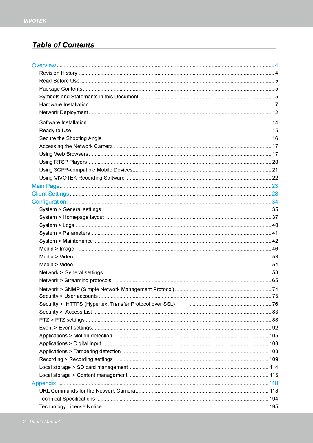 Vivotek IP8364-C user manual Table of Contents 