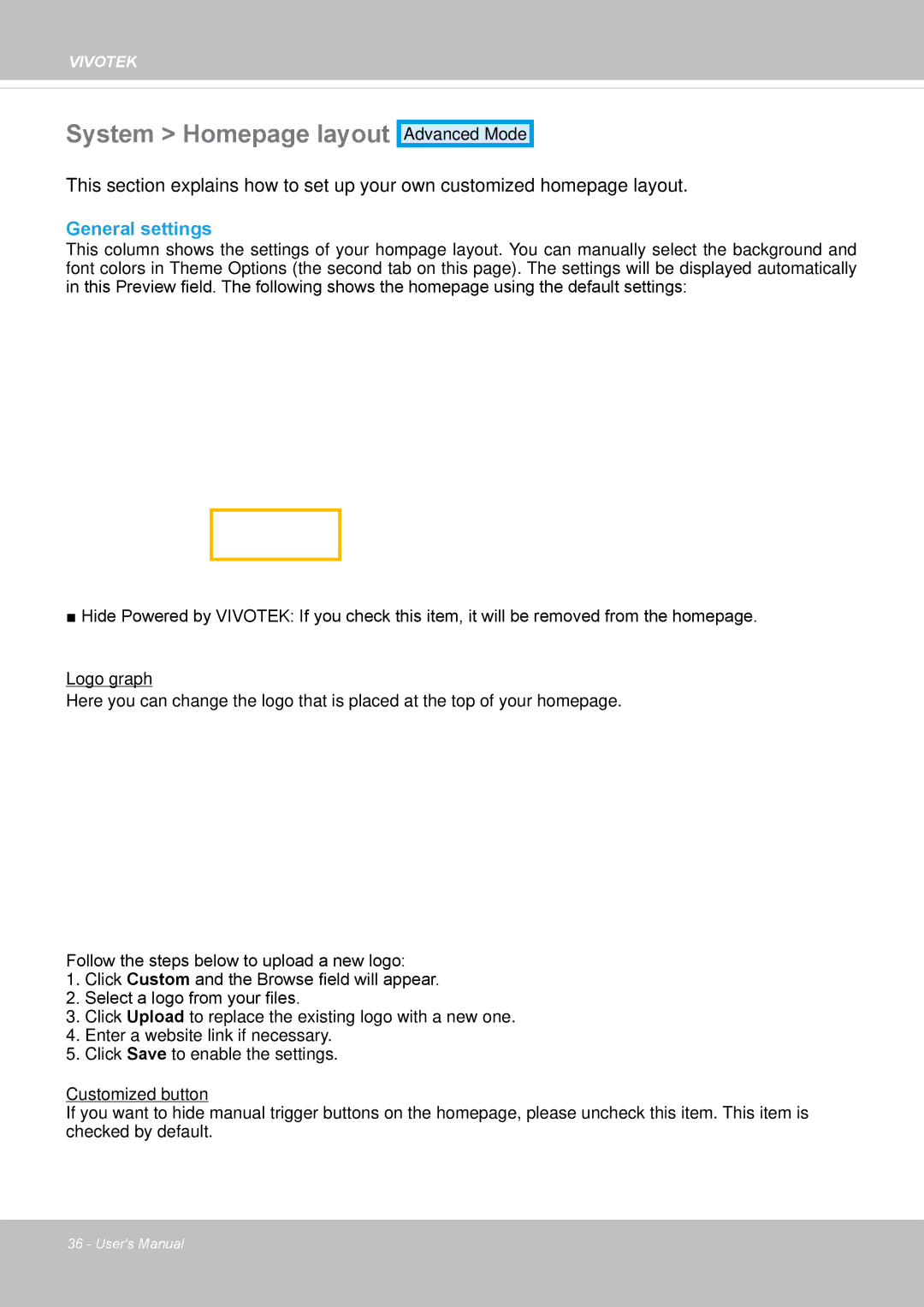 Vivotek IP8364-C user manual System Homepage layout, General settings 