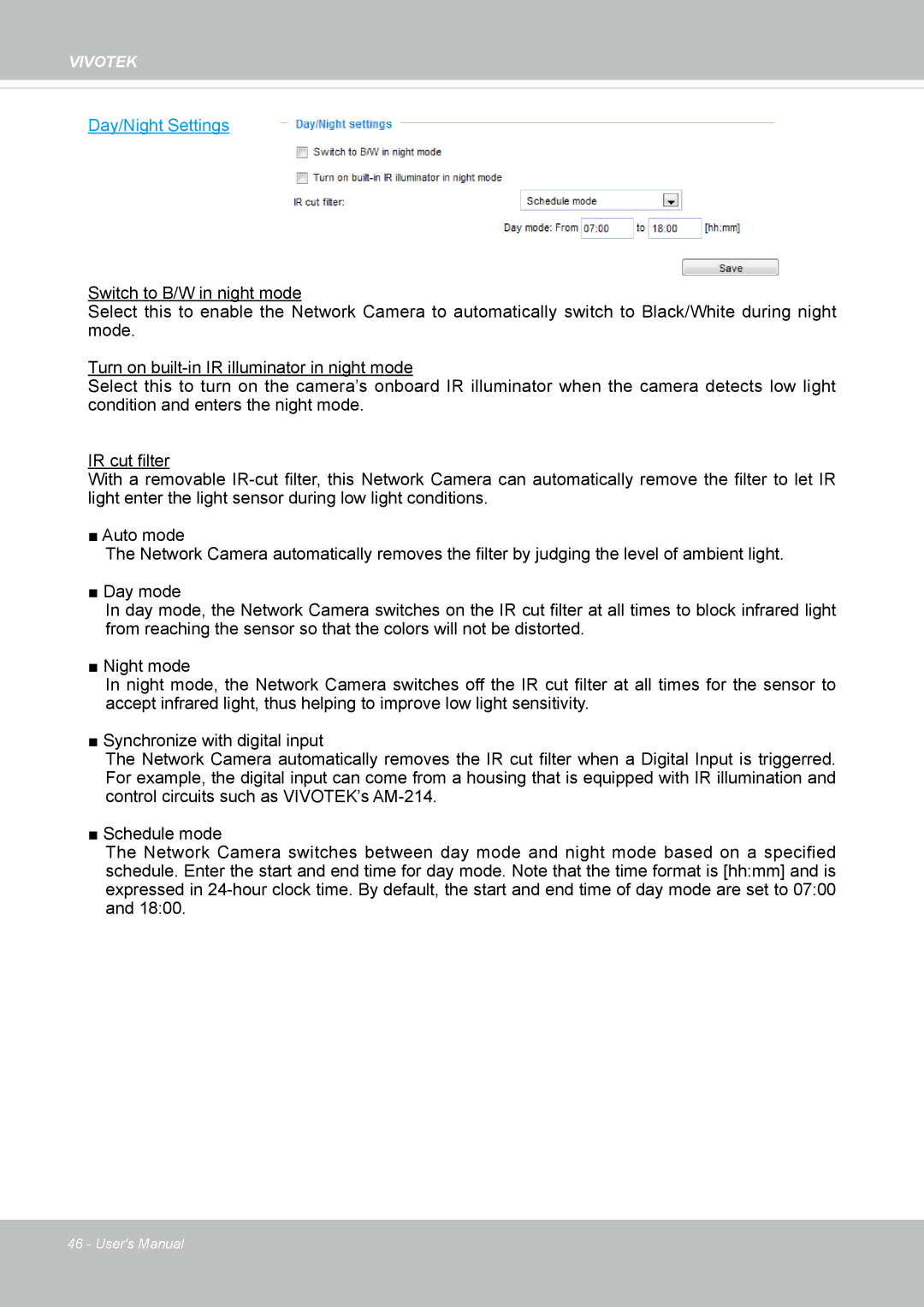 Vivotek IP8364-C user manual Day/Night Settings 