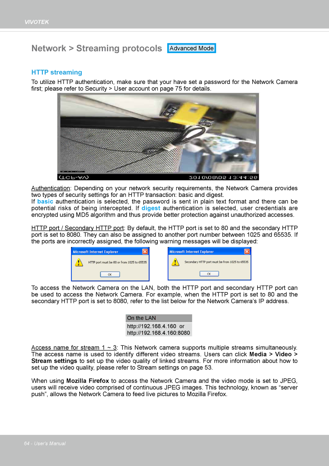 Vivotek IP8364-C user manual Network Streaming protocols, Http streaming 