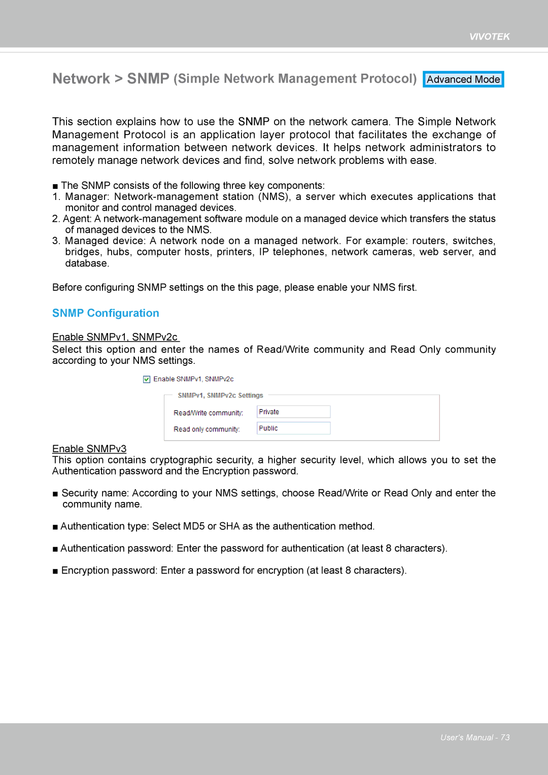 Vivotek IP8364-C user manual Network Snmp Simple Network Management Protocol, Snmp Configuration 