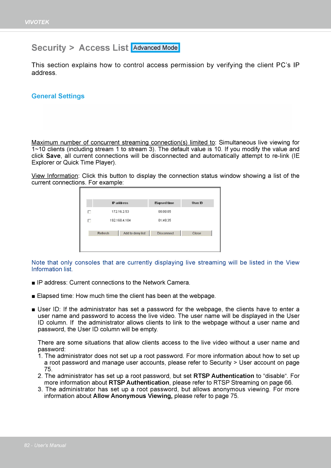 Vivotek IP8364-C user manual Security Access List, General Settings 