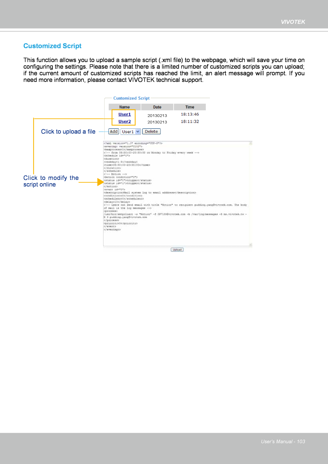 Vivotek IP8364-C user manual Customized Script, Click to upload a file, Click to modify the script online 