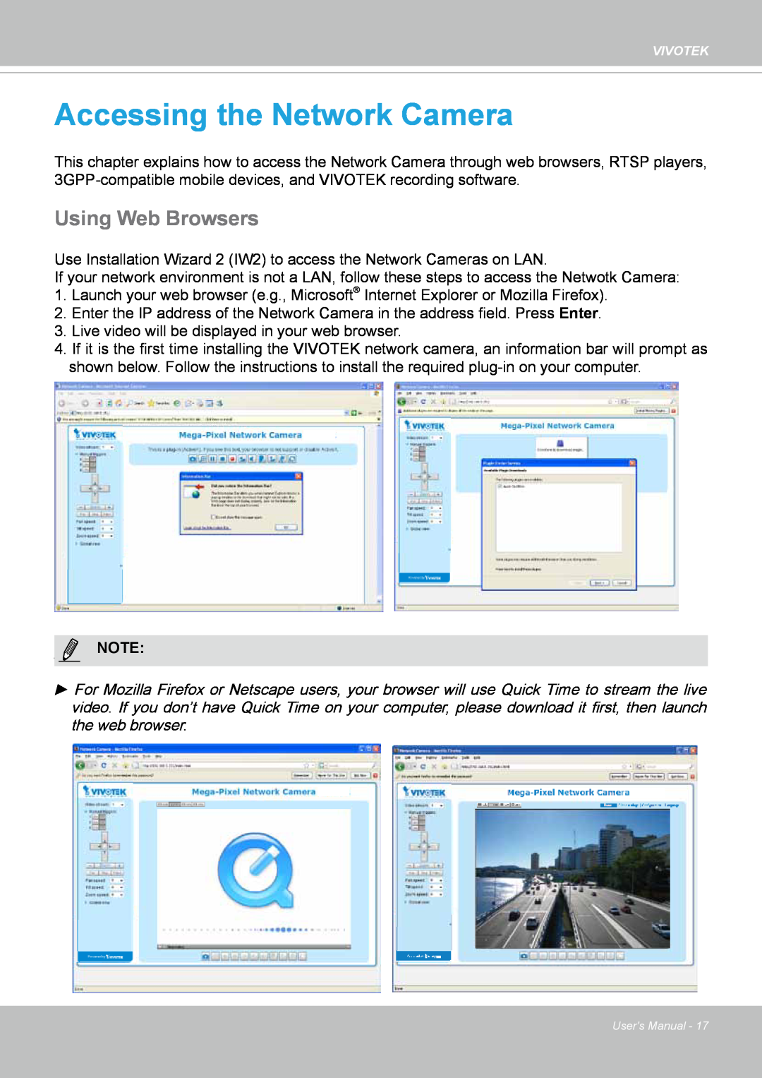 Vivotek IP8364-C user manual Accessing the Network Camera, Using Web Browsers, Notenote 