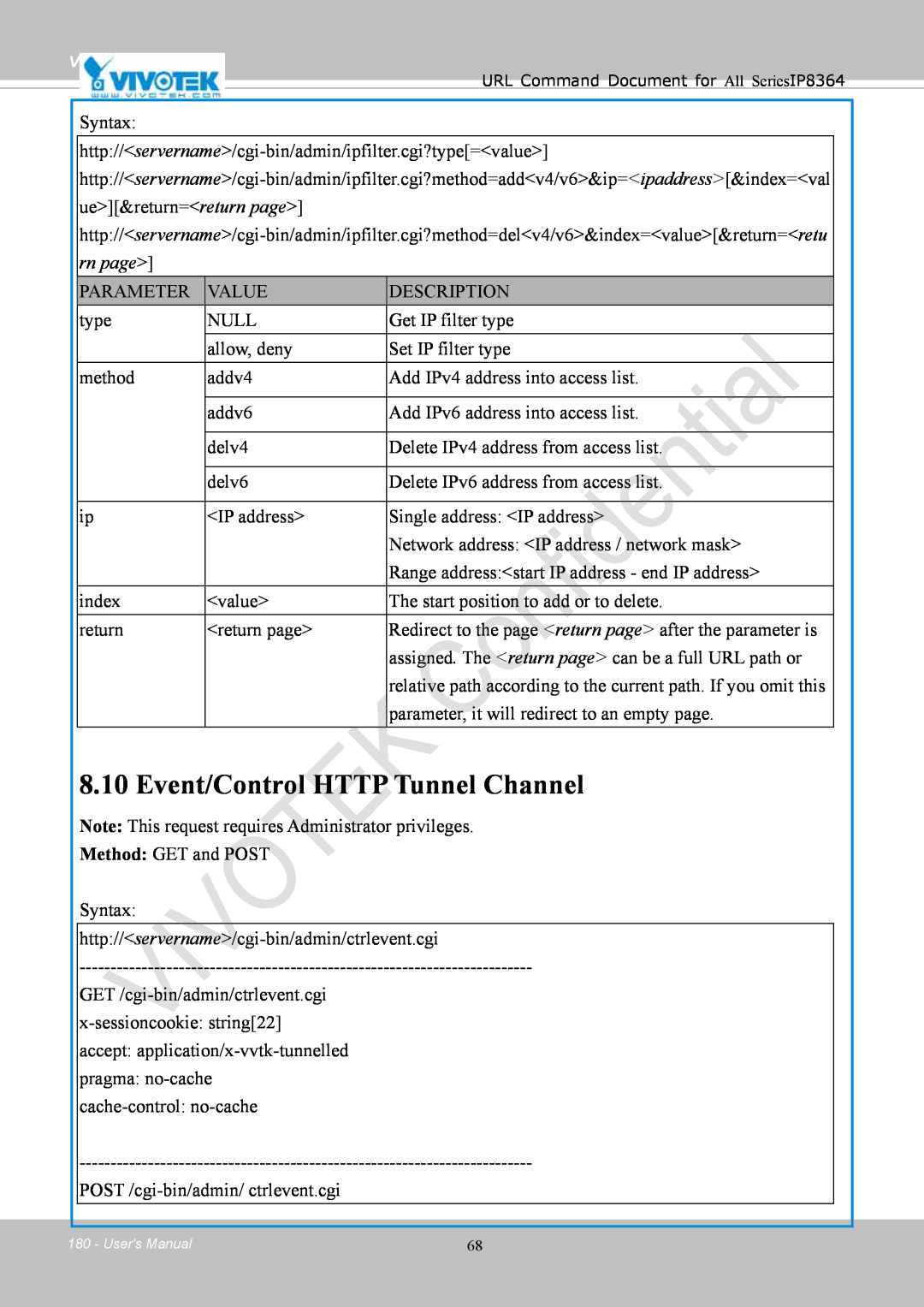 Vivotek IP8364-C user manual Event/Control HTTP Tunnel Channel 