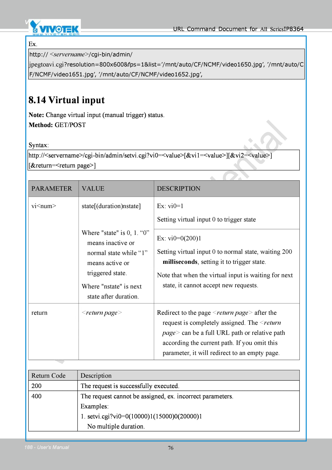 Vivotek IP8364-C user manual Virtual input, Method: GET/POST 