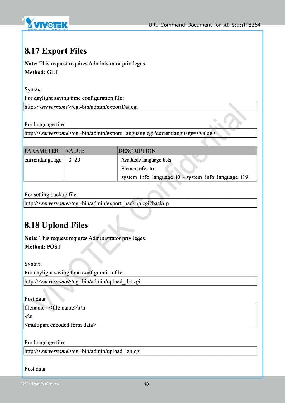 Vivotek IP8364-C user manual Export Files, Upload Files, Method: POST, Method: GET 