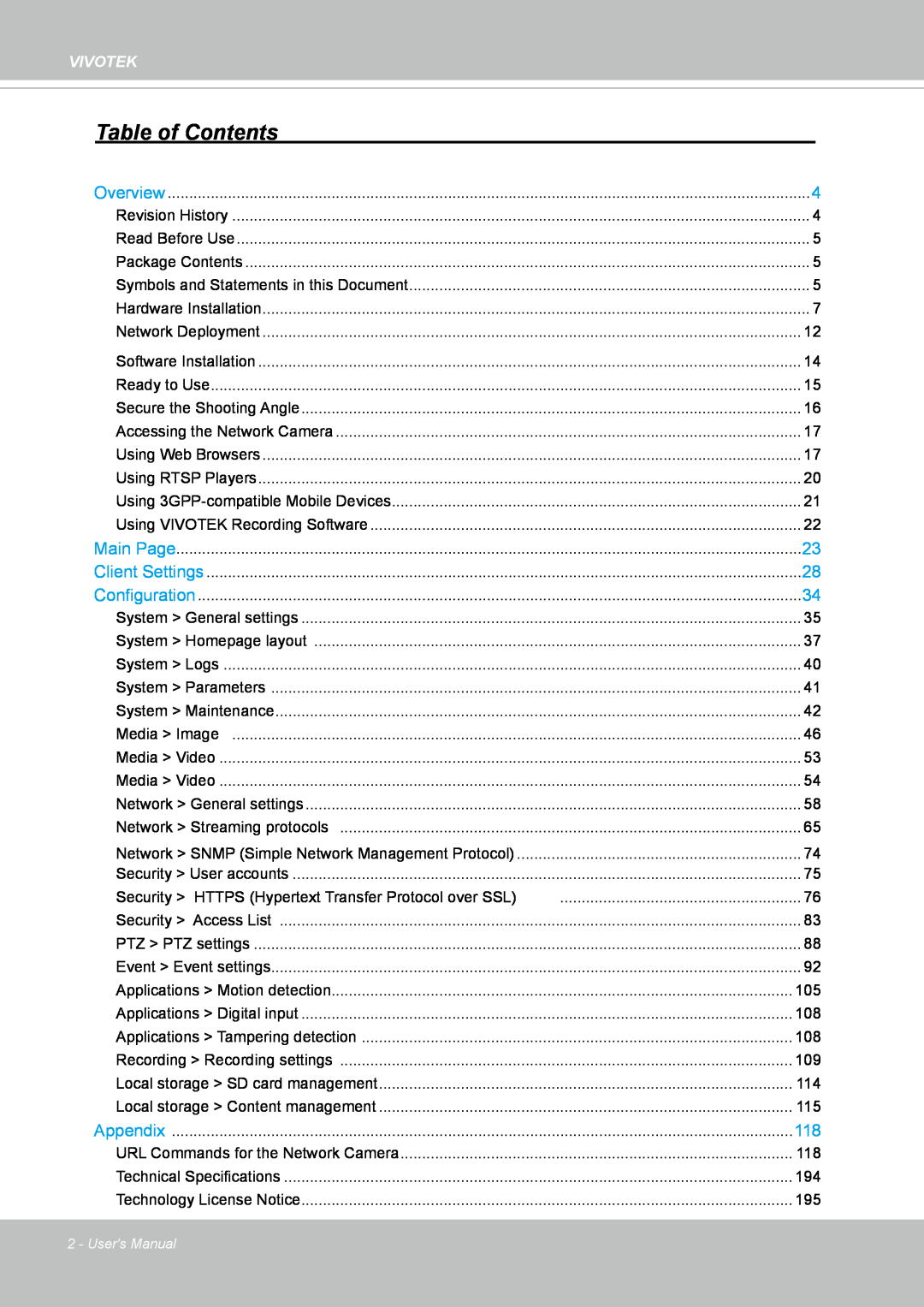 Vivotek IP8364-C user manual Table of Contents, Vivotek 