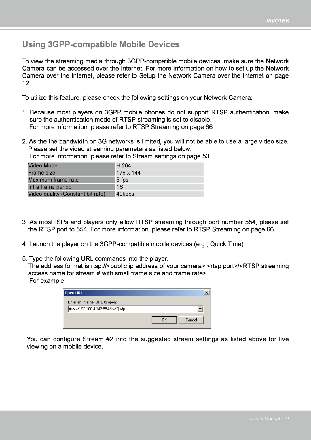 Vivotek IP8364-C user manual Using 3GPP-compatibleMobile Devices 