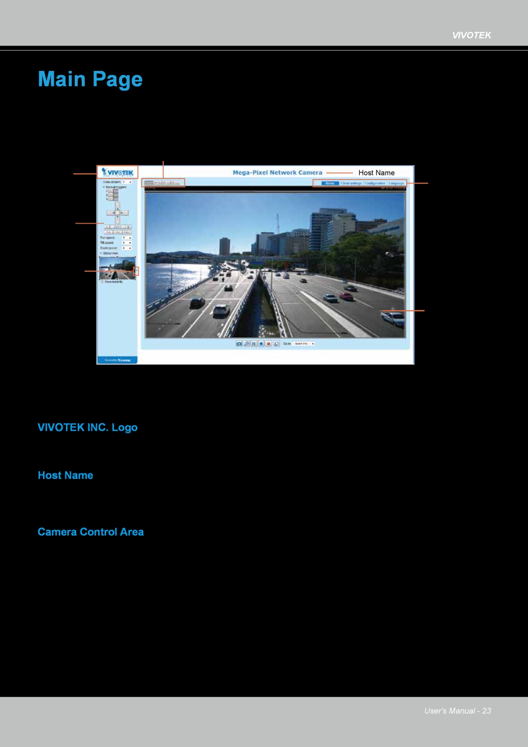 Vivotek IP8364-C user manual Main Page, VIVOTEK INC. Logo, Host Name, Camera Control Area 
