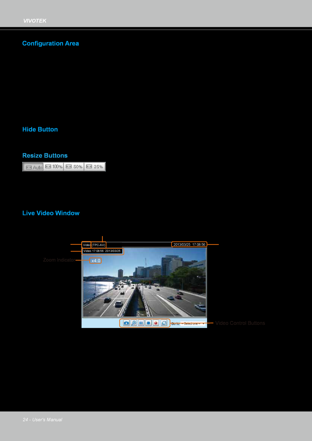 Vivotek IP8364-C user manual Configuration Area, Hide Button, Resize Buttons, Live Video Window 