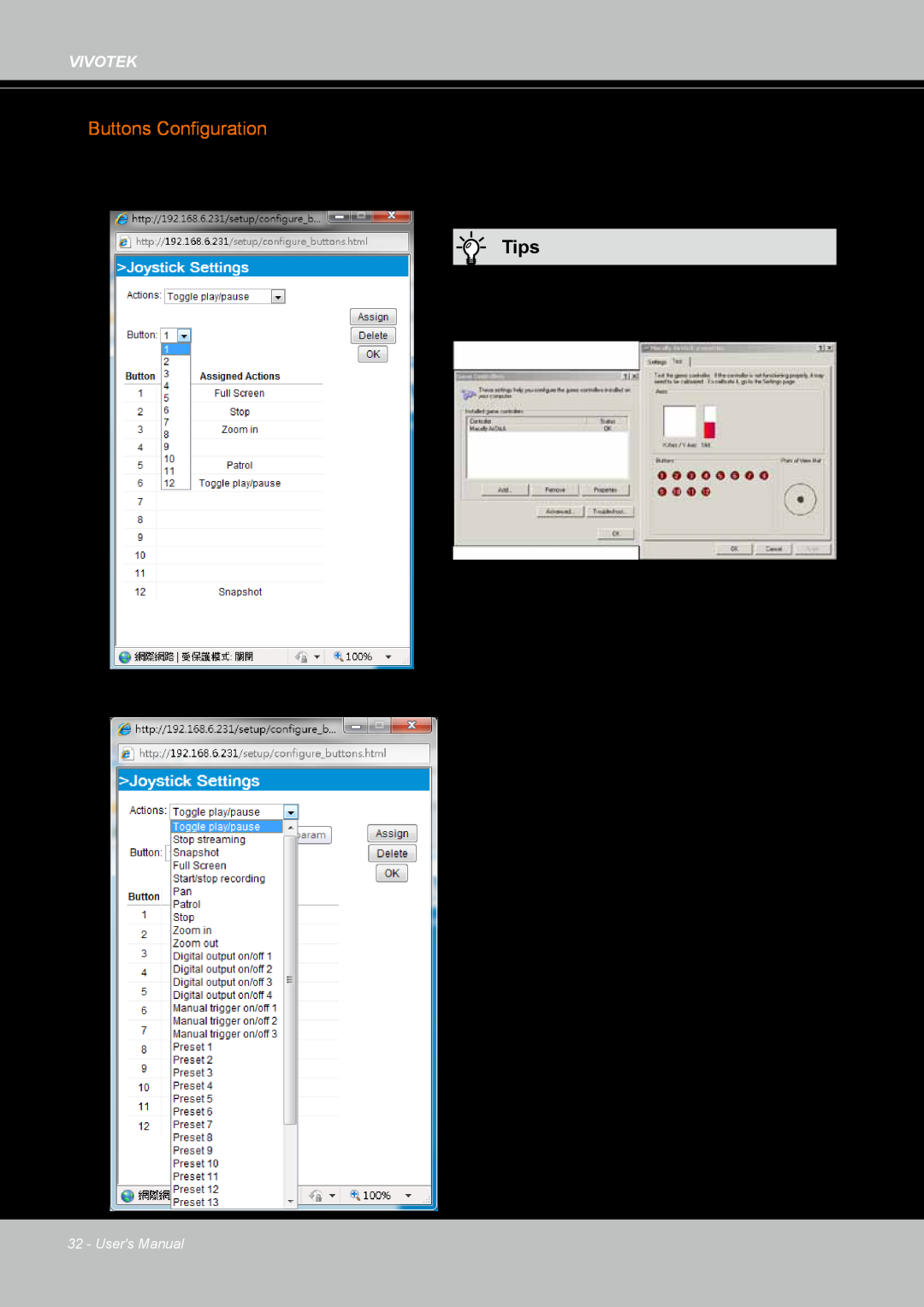 Vivotek IP8364-C user manual Buttons Configuration, Tips, Users Manual 