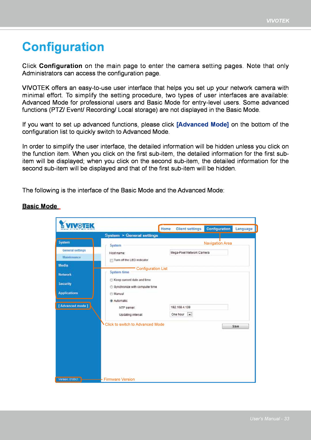 Vivotek IP8364-C user manual Configuration, Basic Mode 