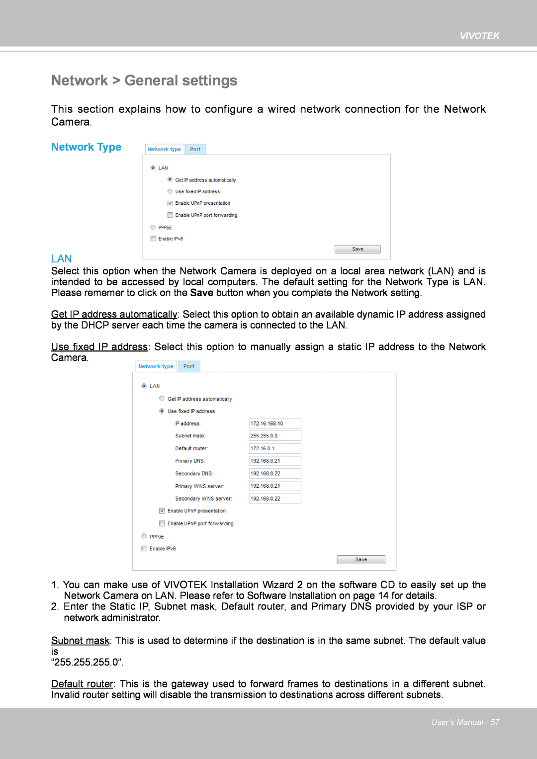 Vivotek IP8364-C user manual Network > General settings, Network Type 
