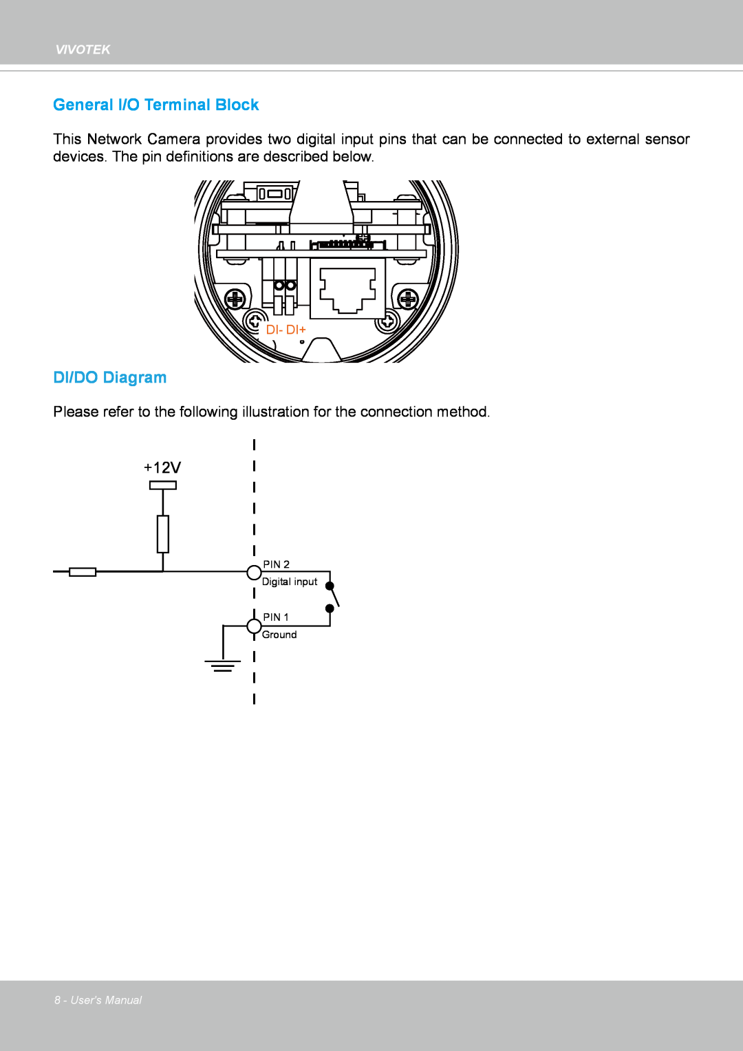 Vivotek IP8364-C user manual General I/O Terminal Block, DI/DO Diagram, +12V 