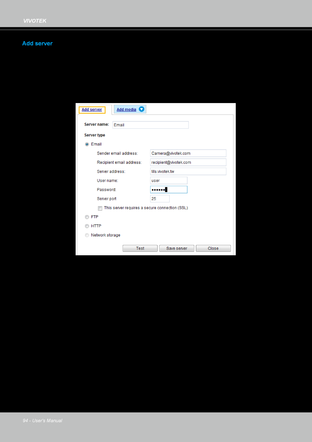 Vivotek IP8364-C user manual Add server 