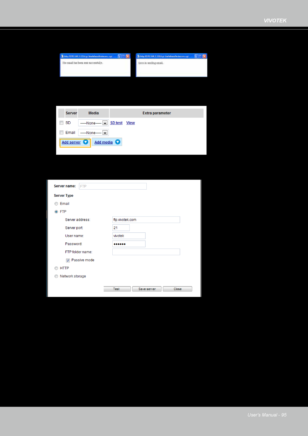 Vivotek IP8364-C user manual Click Save server to enable the settings 
