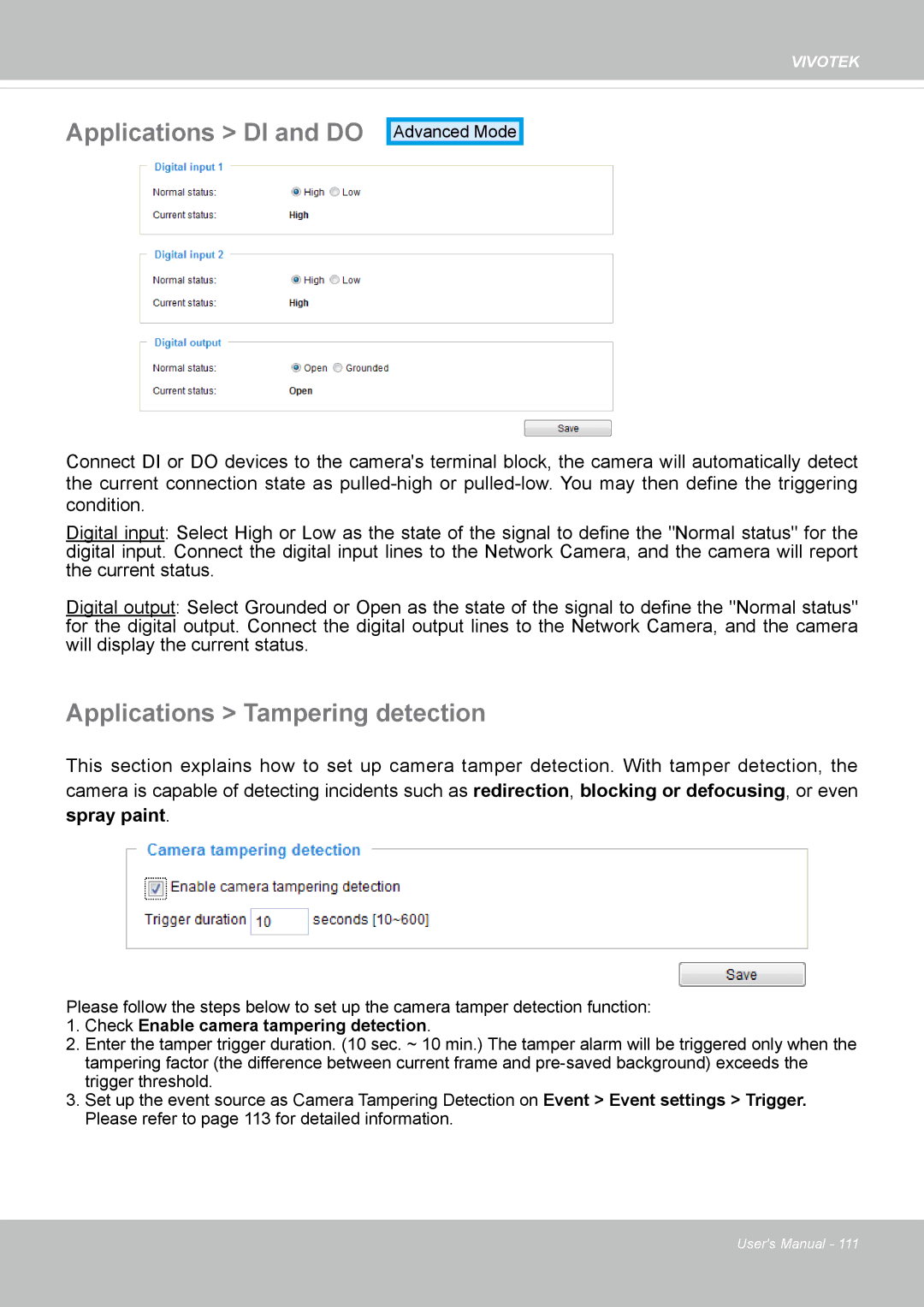 Vivotek IP8372 user manual Applications DI and do, Applications Tampering detection 