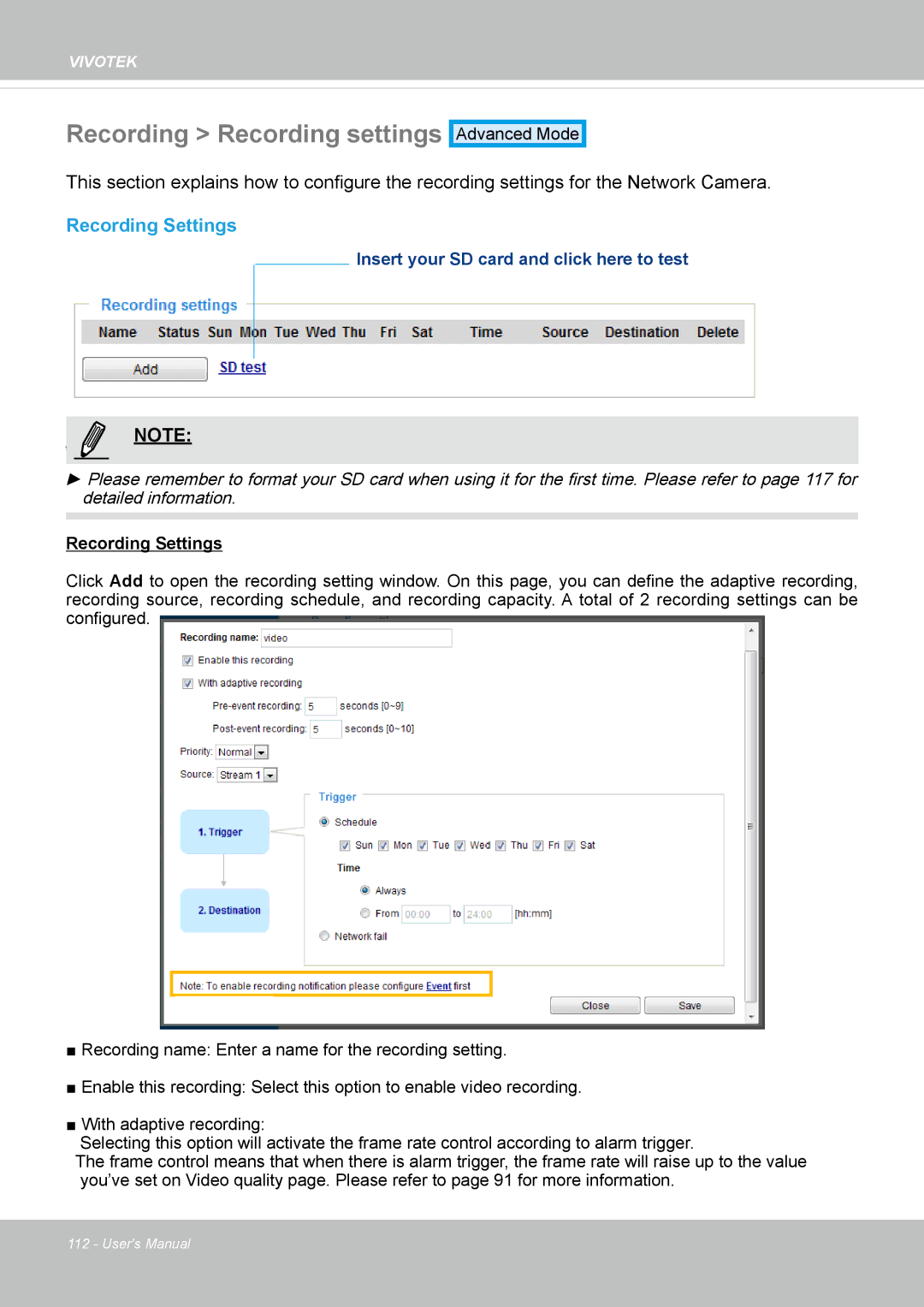 Vivotek IP8372 user manual Recording Recording settings, Recording Settings 