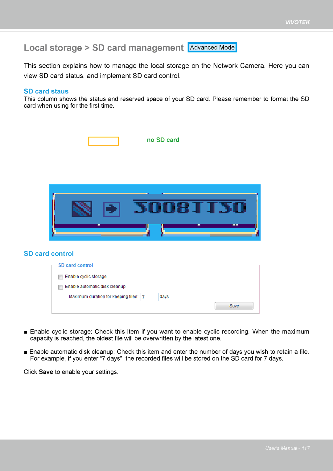 Vivotek IP8372 user manual Local storage SD card management, SD card staus, SD card control 