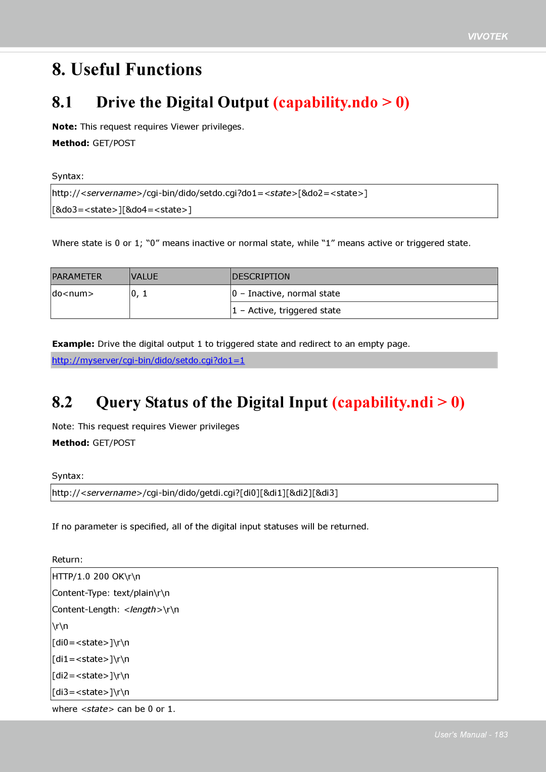 Vivotek IP8372 user manual Drive the Digital Output capability.ndo, Query Status of the Digital Input capability.ndi 